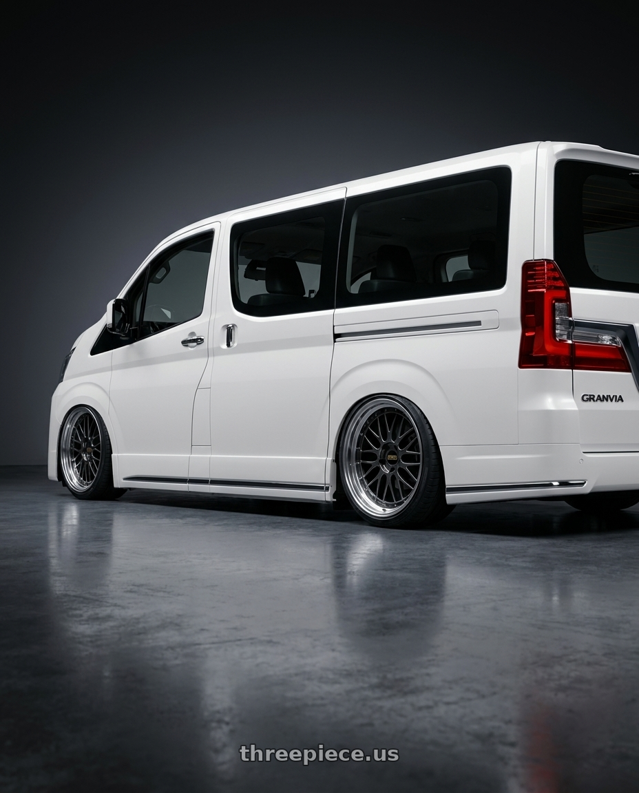 2026 Toyota granvia with BBS LM 5x120 20x9.0+15 Diamond Black wheels rear three quarter view square tires