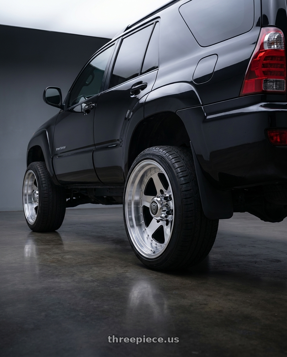 2007 Toyota 4Runner Sport with WHITE DIAMOND W3910 6x139.7 16x10-44 BLACK / MACHINED wheels rear three quarter view slight stretch tires