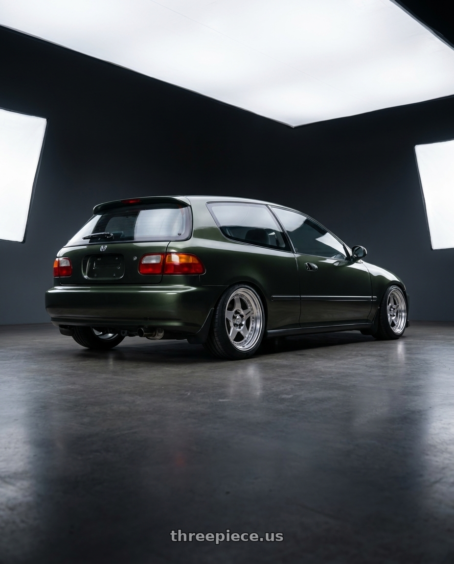 1995 honda civic dx hatchback nori green metalic with Work Meister Cr01 4x100 15x7+35 A Disk Bright Buff Finish wheels rear three quarter view square tires