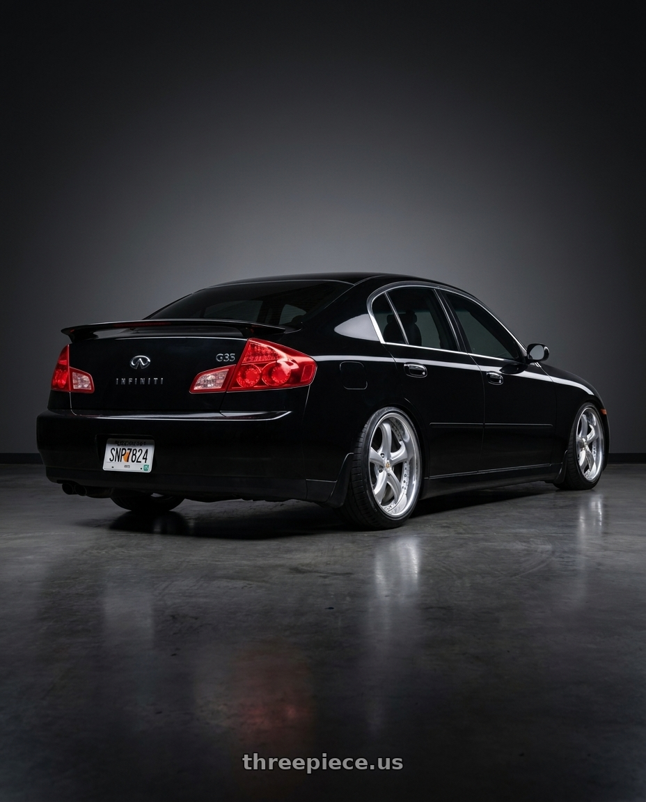 2003 Infiniti g35 with Work Wheels VS-KF 5x114.3 18x9.5+27 Light Grey Silver R Disk FULL REVERSE wheels rear three quarter view slight stretch tires