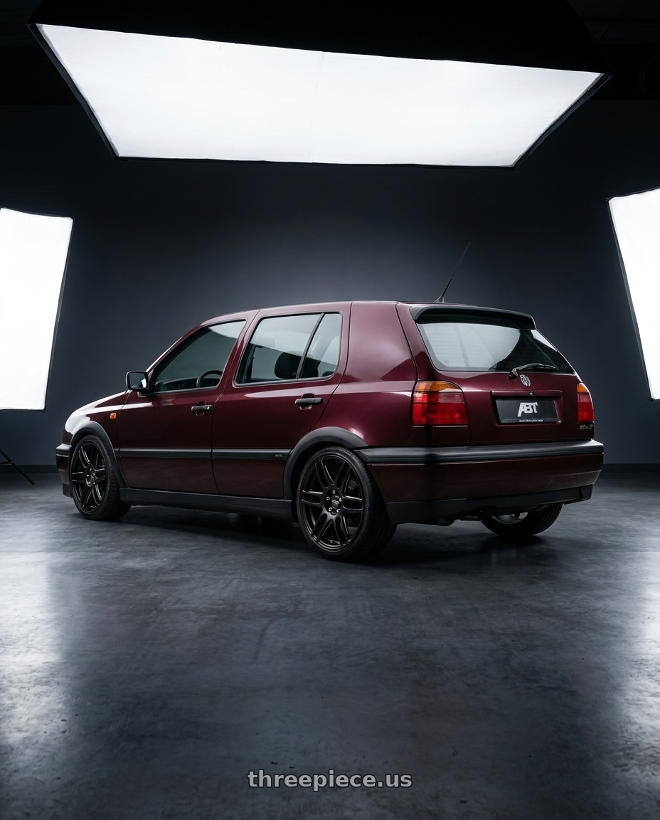 1995 Vw Golf Mk3 Hatchback Abt Dark Burgundy Pearl with Niche 1PC M106 NR6 4X100/4X114.3 18X8 +40 MATTE BLACK MILLED wheels rear three quarter view square tires