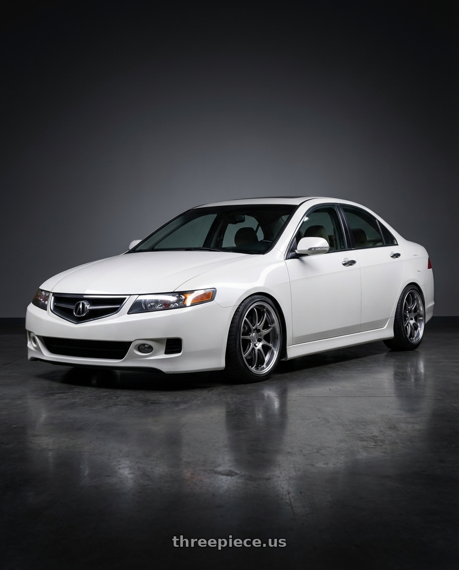 2006 Acura tsx with Work Emotion D9r 5x100 18x8.5 +32 Gt Silver Rim Cut wheels front three quarter view lowered stance
