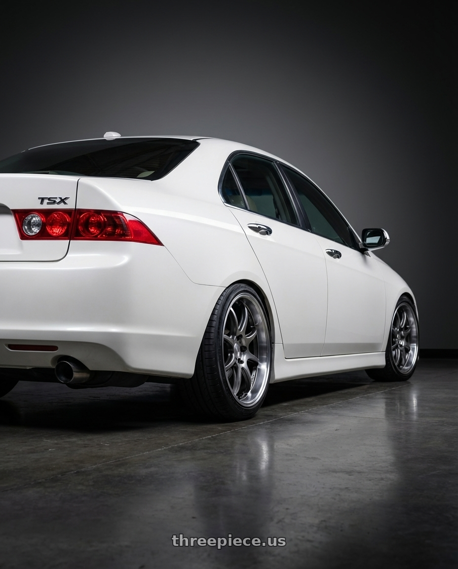 2006 Acura tsx with Work Emotion D9r 5x100 18x8.5 +32 Gt Silver Rim Cut wheels rear three quarter view slight stretch tires
