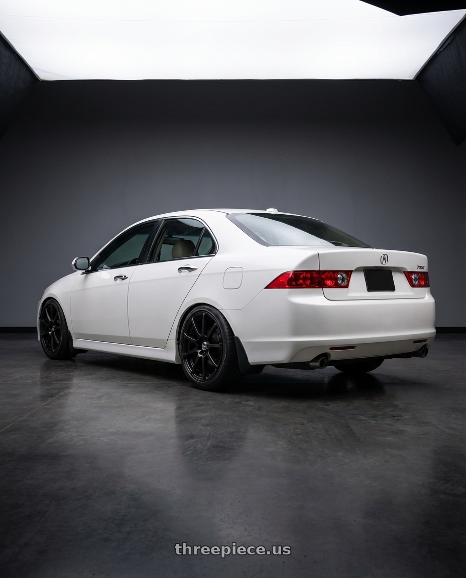 2005 Acura tsx with Enkei EDR9 4x100/108 17x7+38 Black wheels rear three quarter view slight stretch tires