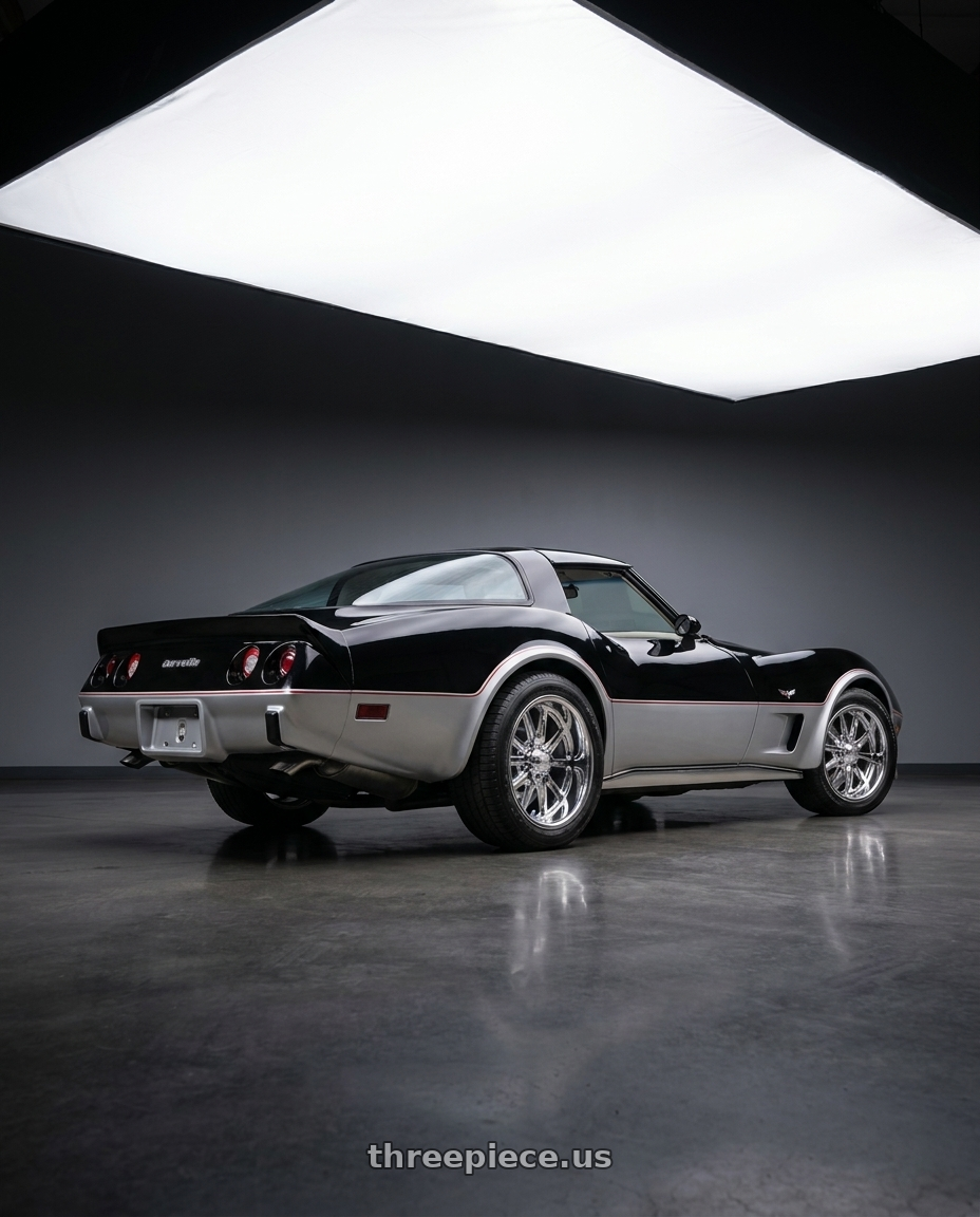 1978 chevy Corvette with US Mag 1PC U110 RAMBLER 5X120.65 15X7 +1 CHROME PLATED wheels rear three quarter view square tires