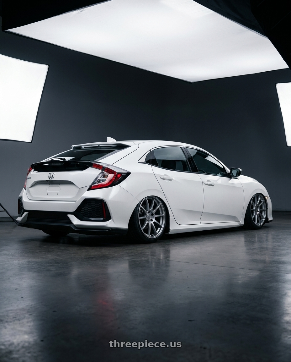 2019 Honda Civic with Ssr Gtv02 5x114.3 19x8.5+38  GLARE SILVER wheels rear three quarter view slight stretch tires