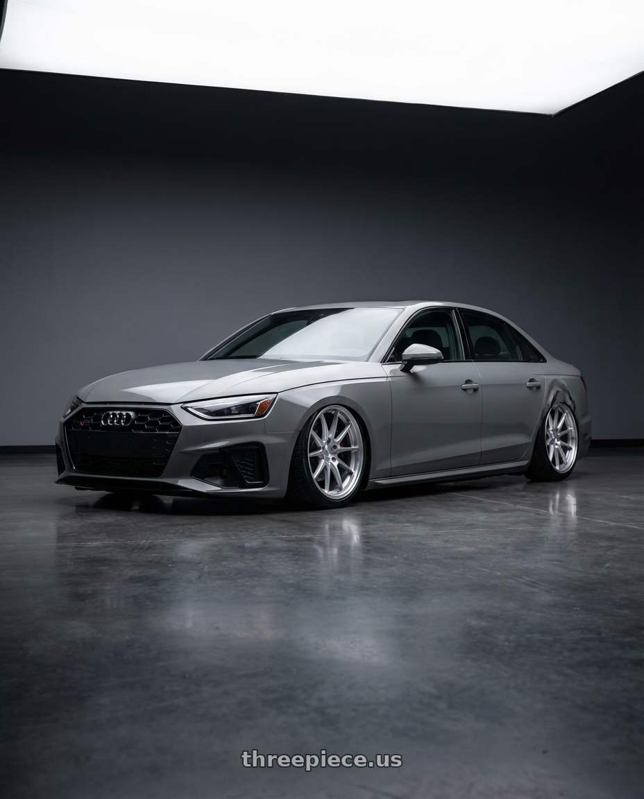 2023 Audi S4 B9 with Aodhan AFF2 5x112 20x10.5+35 Gloss Silver Machined Face wheels front three quarter view stanced stance