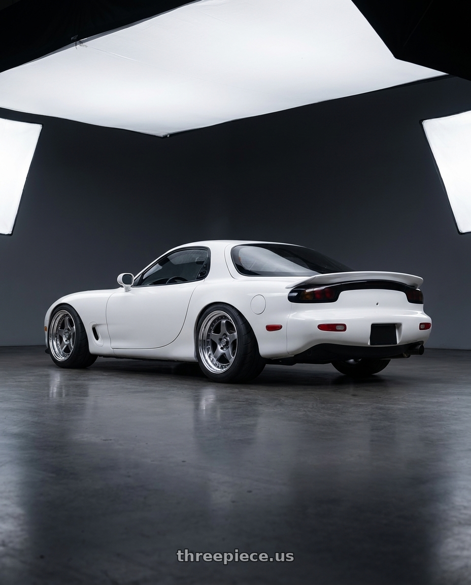 1993 mazda rx-7 with FORMULA AERO SPOKE 5X100 18X9.5+0 HP Disk Titan Silver wheels rear three quarter view meaty tires