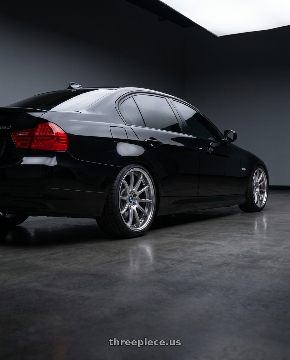 2011 bmw 335d with Ssr Reiner Type 12R 5x120 19X9 38 Super Low Disk Titan Silver wheels rear three quarter view square tires