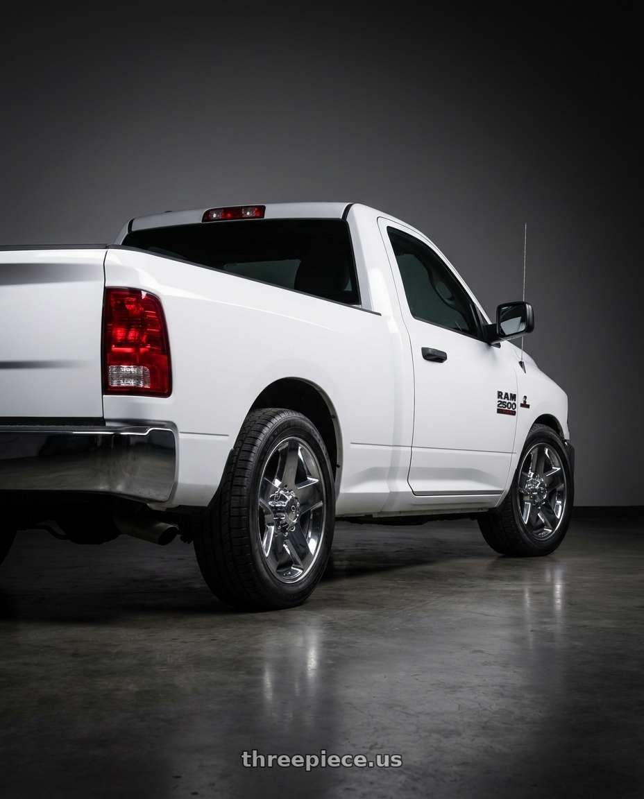 2013 Ram 2500 with OE Wheels CV91A 8x165.1 20x8.5+12 Chrome wheels rear three quarter view square tires