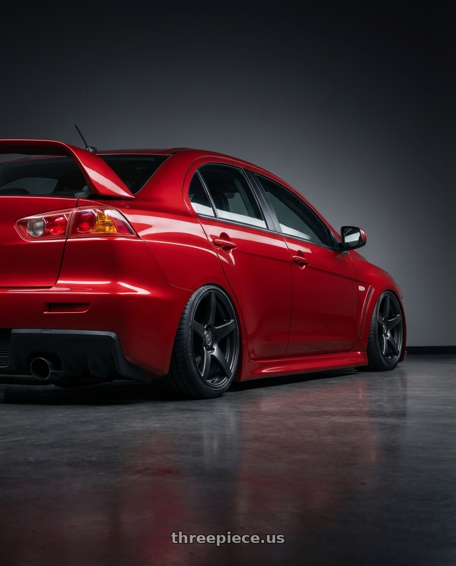 2012 Mitsubishi Lancer Evo X with Forgestar CF5 5x114.3 18x10 +42 Satin Black wheels rear three quarter view slight stretch tires