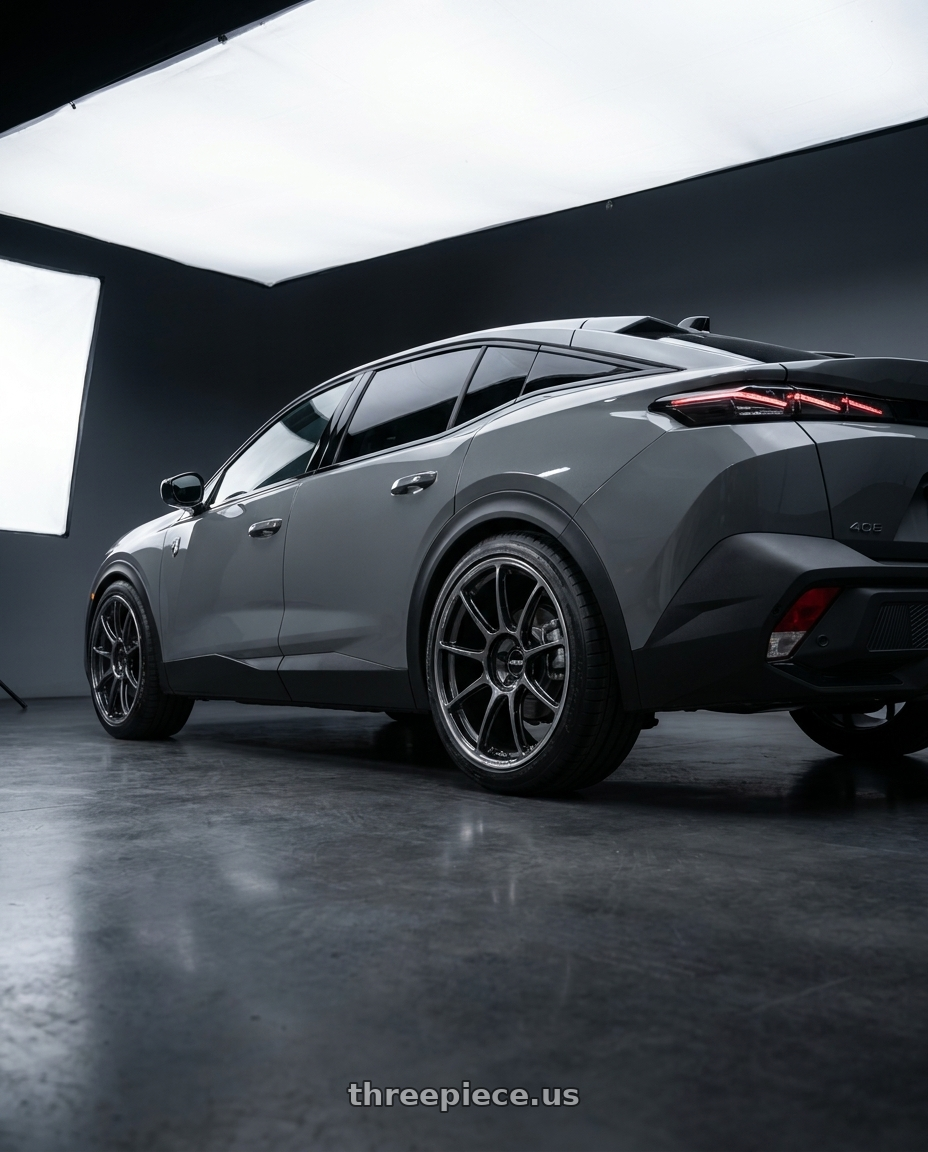 2026 Peugeot 408 with Volk Racing GT090 5x114.3 20x9 +35 SHINING BLACK METAL wheels rear three quarter view square tires