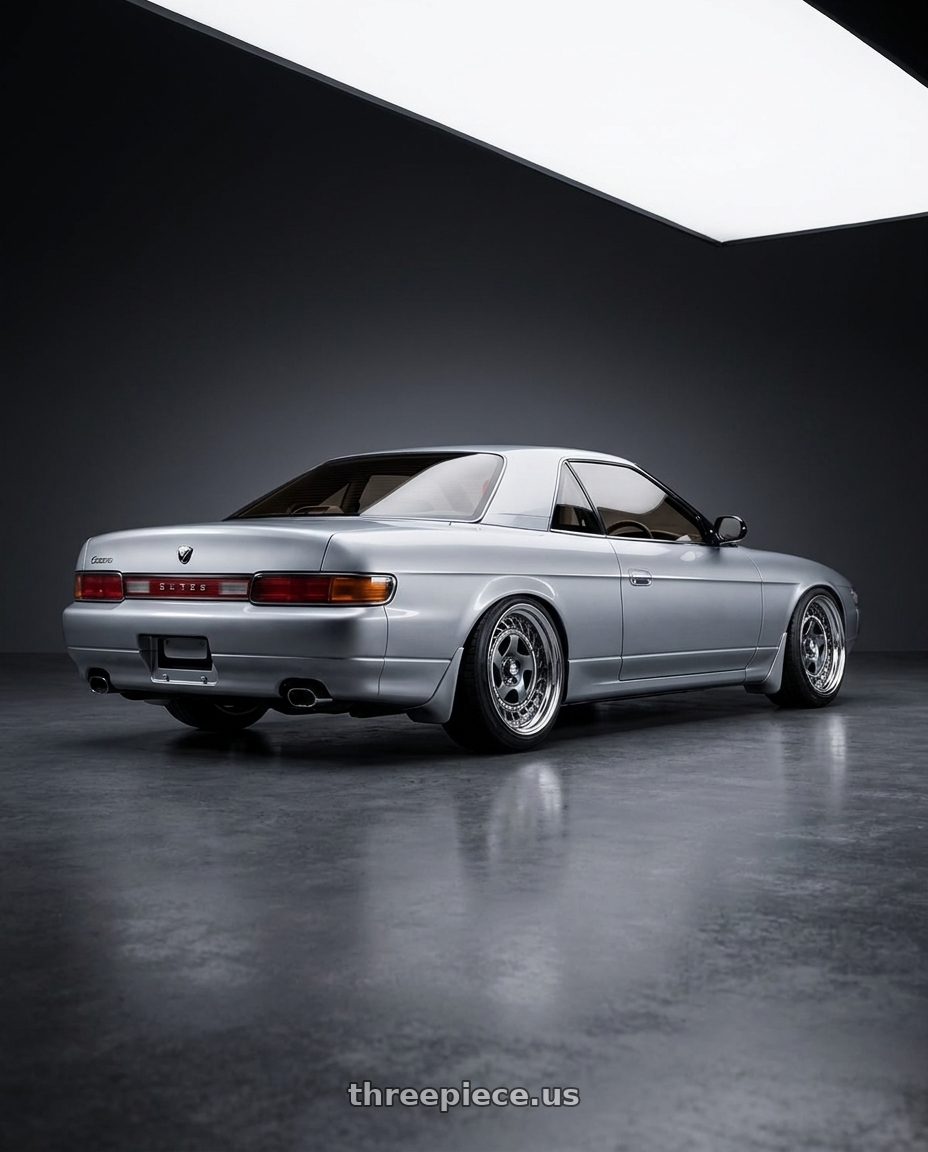 1990 eunos cosmo with FORMULA AERO SPOKE 5X100 18X8.5+25 HP Disk Titan Silver wheels rear three quarter view slight stretch tires