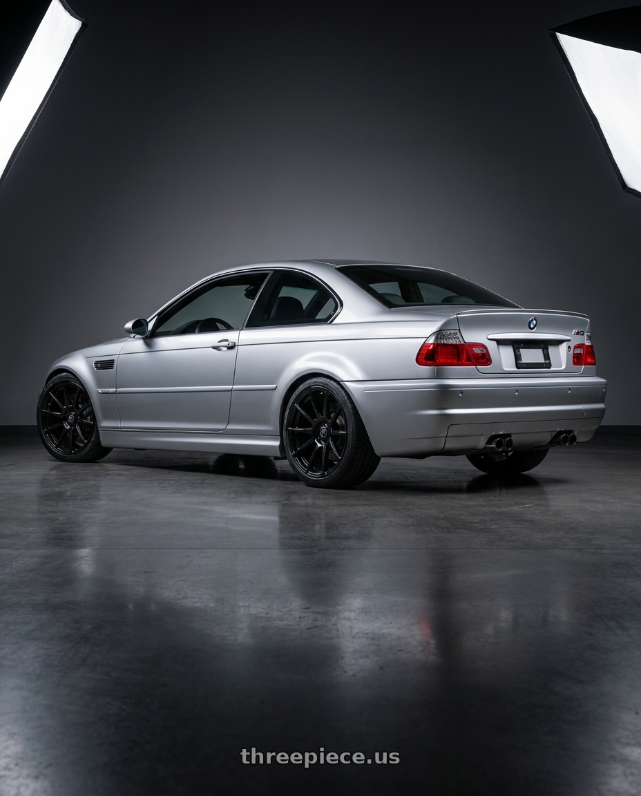 2003 BMW M3 with Forgestar CF10 5x114.3 19x9 +35 Gloss Black wheels rear three quarter view square tires