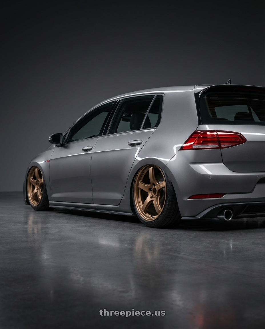 2019 Volkswagen GTI MK7 with Gram Lights 57CR 5x112 19x10.5+35 Bronze II wheels rear three quarter view slight stretch tires