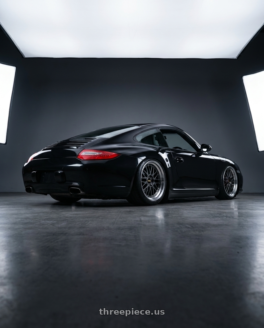 2012 Porsche 997 with BBS LM 5x114.3 18x8.0+35 Diamond Black wheels rear three quarter view slight stretch tires