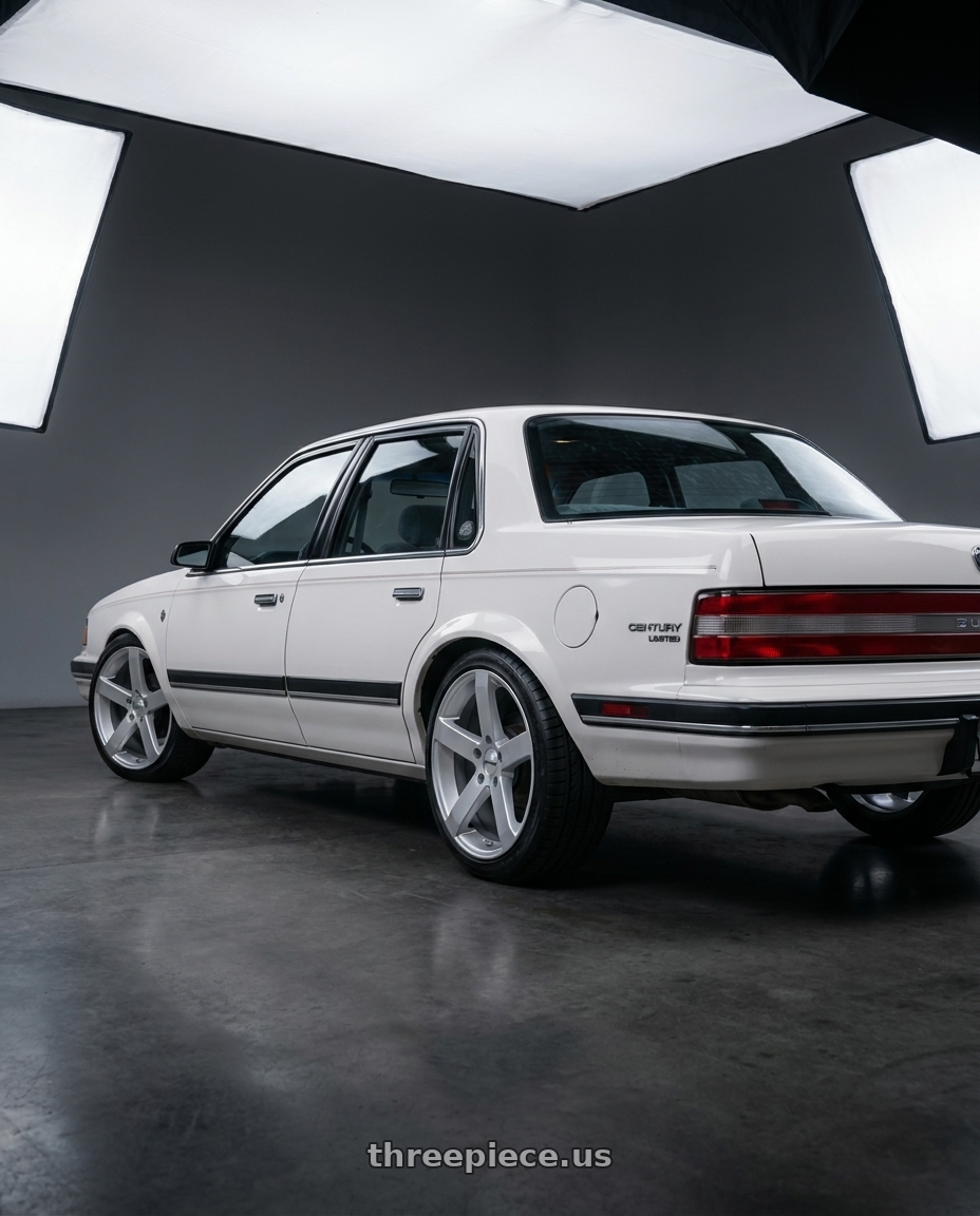 1990 Buick century limited white  with Petrol P3B 5X100 17X7 +40 GLOSS SILVER wheels rear three quarter view slight stretch tires