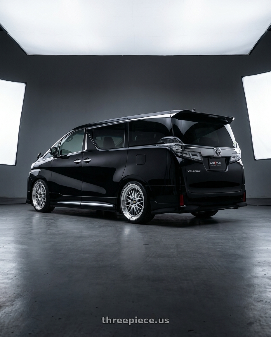 2022 Toyota VellFire with BBS LM 5x114.3 18x9.0+25 Diamond Silver wheels rear three quarter view square tires