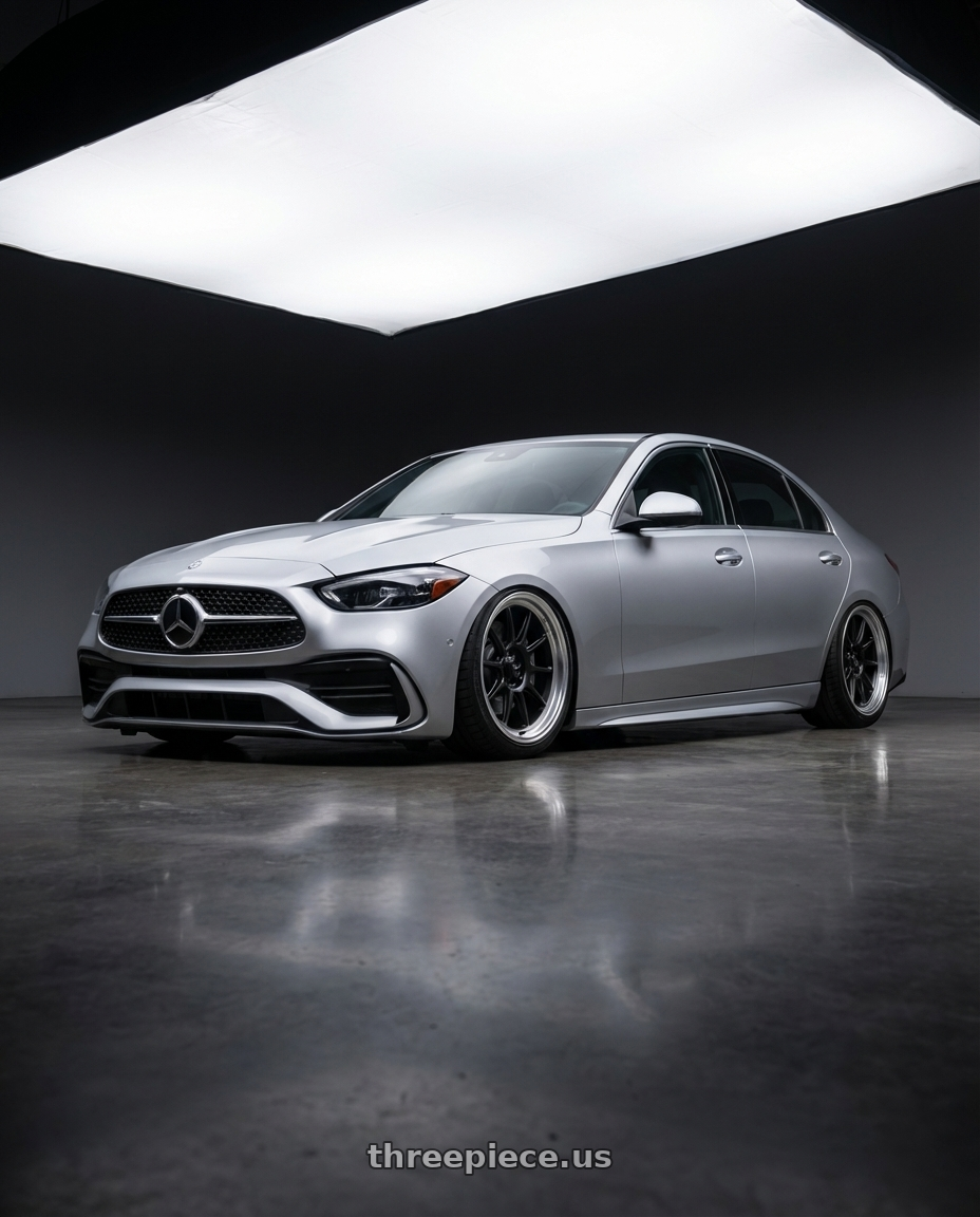 2022 Mercedes-Benz C-Class W206 with Konig Countergram 5x112 19x11+40 Matte Black / Matte Machined Lip wheels front three quarter view stanced stance