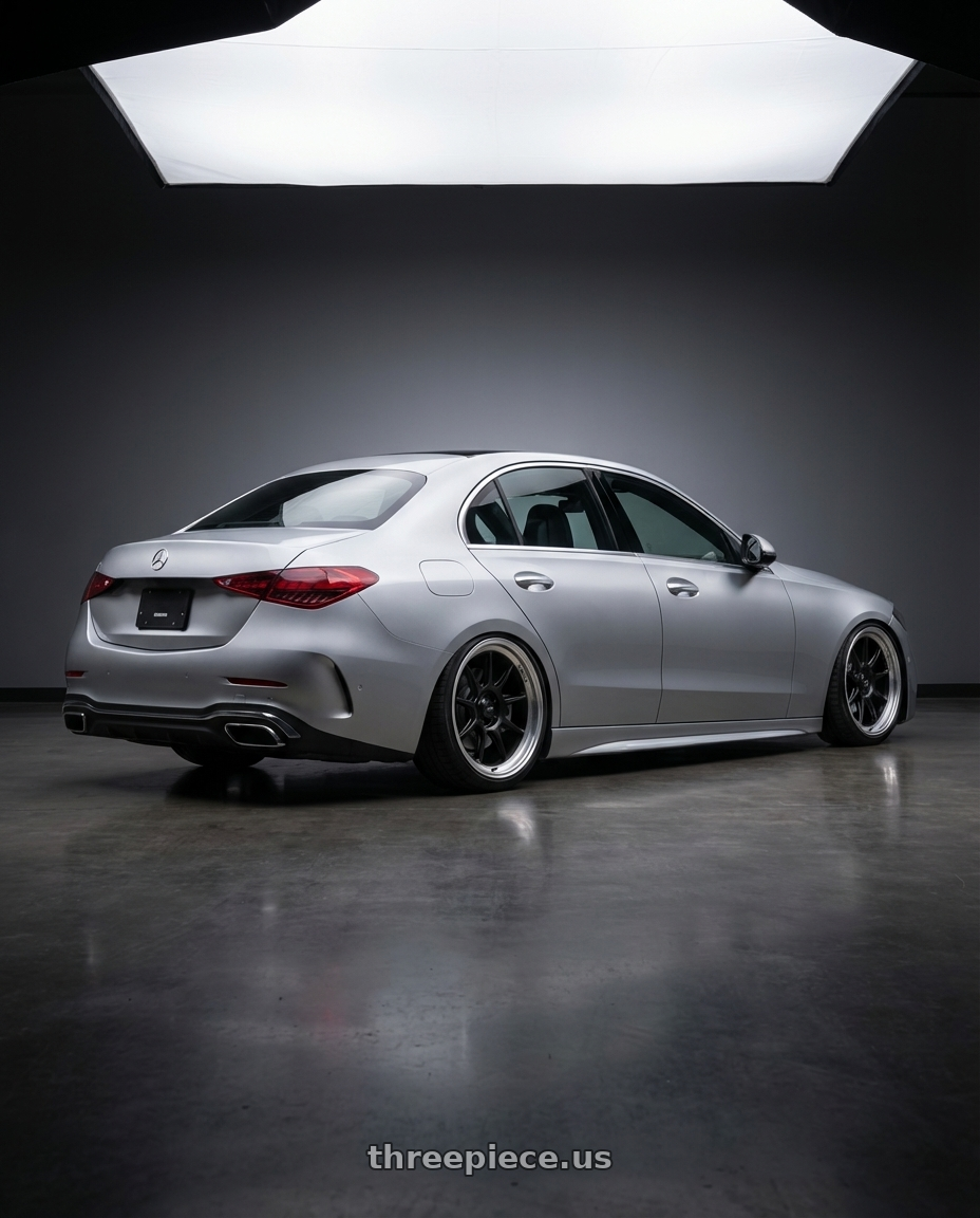 2022 Mercedes-Benz C-Class W206 with Konig Countergram 5x112 19x11+40 Matte Black / Matte Machined Lip wheels rear three quarter view slight stretch tires