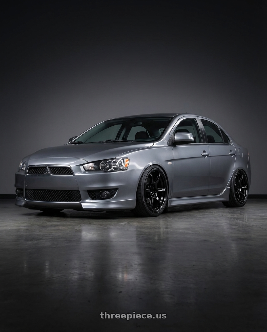 2014 Mitsubishi Lancer Ralliart with Advan RGIII 5x114.3 18x9.0+25 Gloss Black wheels front three quarter view stanced stance