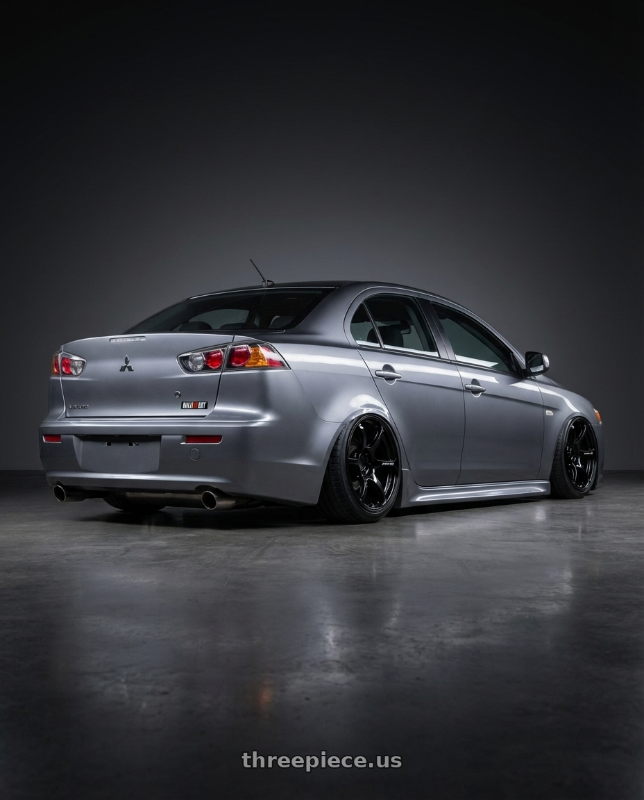 2014 Mitsubishi Lancer Ralliart with Advan RGIII 5x114.3 18x9.0+25 Gloss Black wheels rear three quarter view slight stretch tires