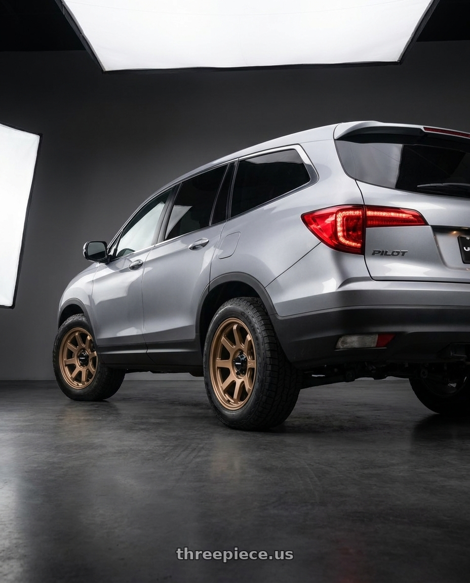 2020 Honda Pilot LX with Vision Off-Road 351 Flow 5x120 17x8+30 Bronze wheels rear three quarter view square tires