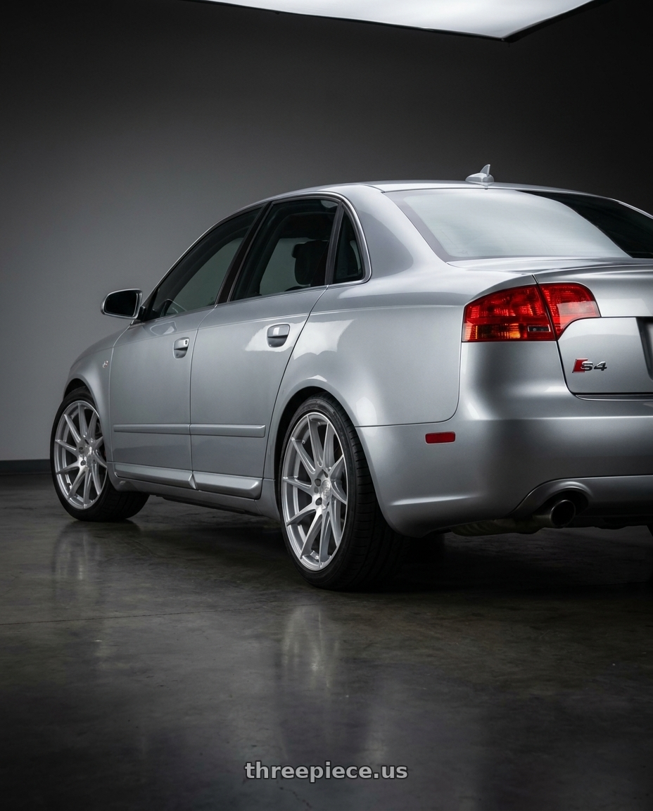 Silver 2005 Audi S4 with Aodhan AH09 5x112 18x8.5 +35 Gloss Silver Machined Face wheels rear three quarter view square tires