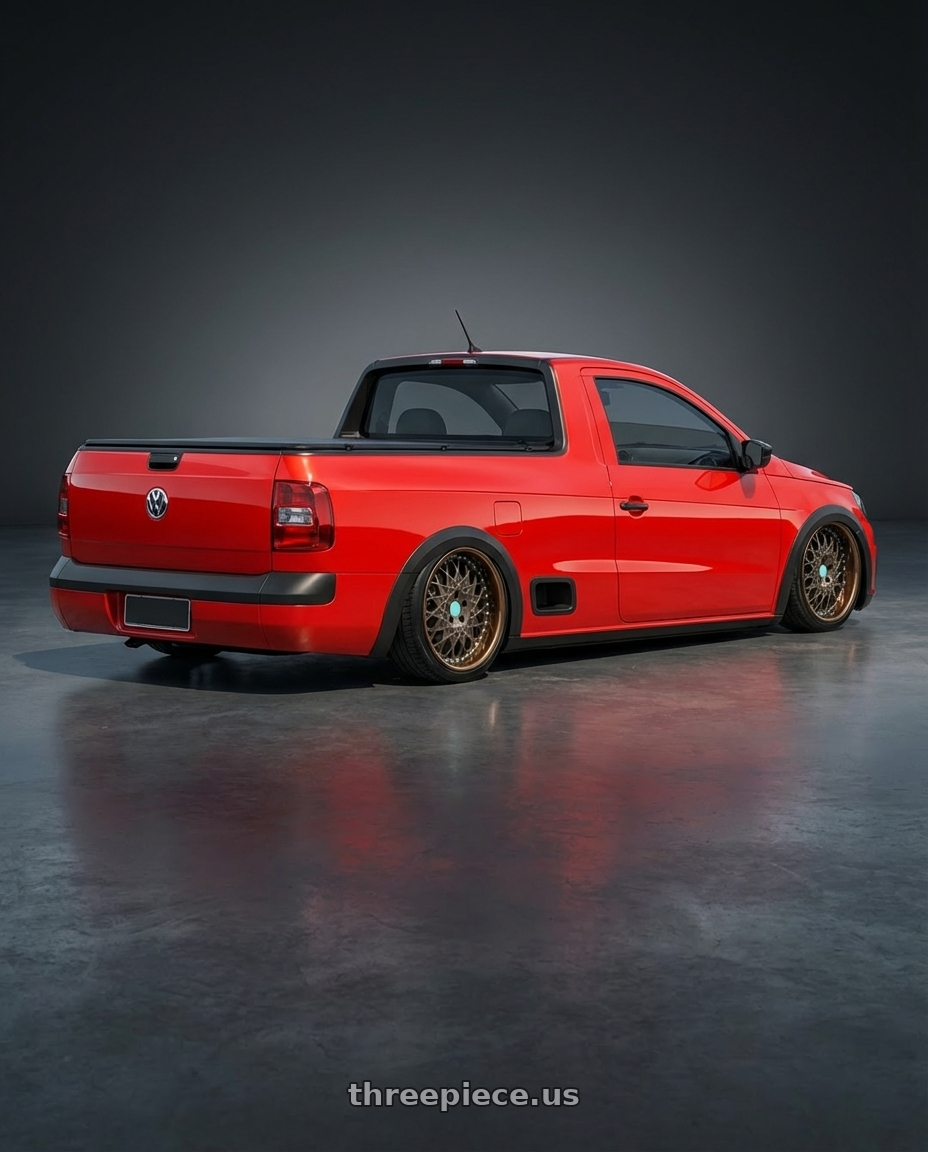 Saveiro 2015 trendline red with Heritage Wheel FUJI wheels rear three quarter view square tires