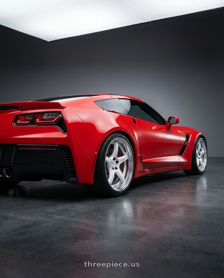 2019 corvette grandsport with Work T5R 2P 5x115 18x10.0 +38 WHITE wheels rear three quarter view slight stretch tires