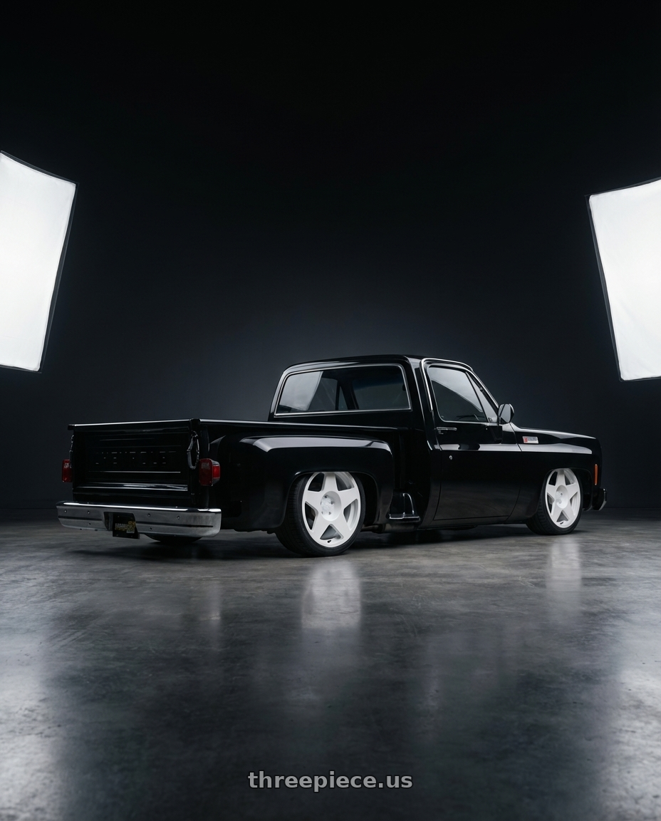 1974 GMC Sierra with fifteen52 TARMAC 5x108 18x8.5 +42 RALLY WHITE (GLOSS WHITE) wheels rear three quarter view square tires