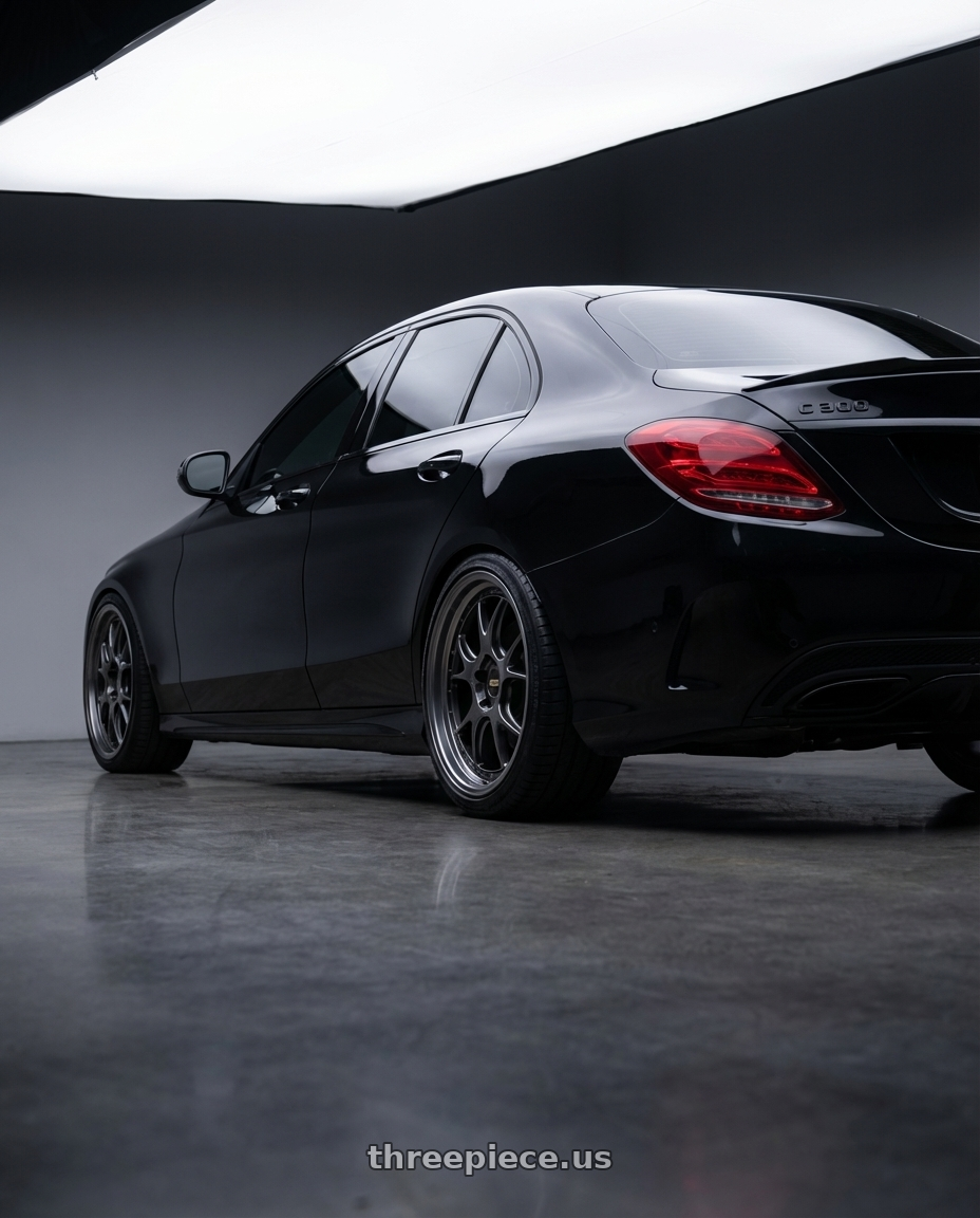 2021 Mercedes Benz C300 Night Edition  with BBS LM-R 5x112 19x9.0+44 Diamond Black wheels rear three quarter view slight stretch tires