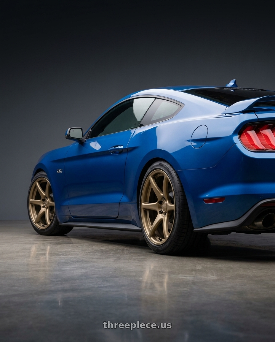 2022 Ford Mustang GT with Kansei K11B Tandem 5X100 18x8.5 35 Bronze wheels rear three quarter view square tires
