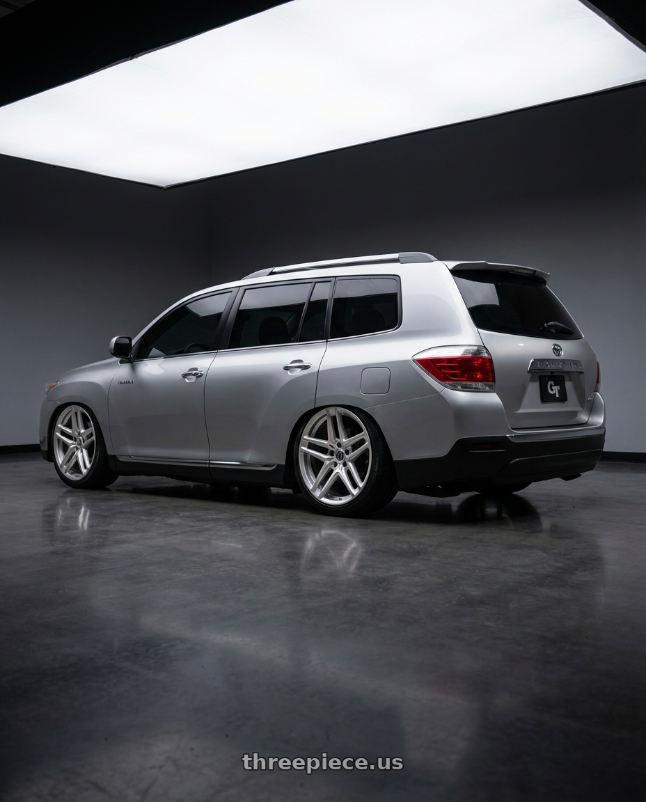2013 Toyota Highlander Limited Silver with HERITAGE WHEEL EBISU MONOC 5x114.3 20x9 +25 SILVER wheels rear three quarter view slight stretch tires