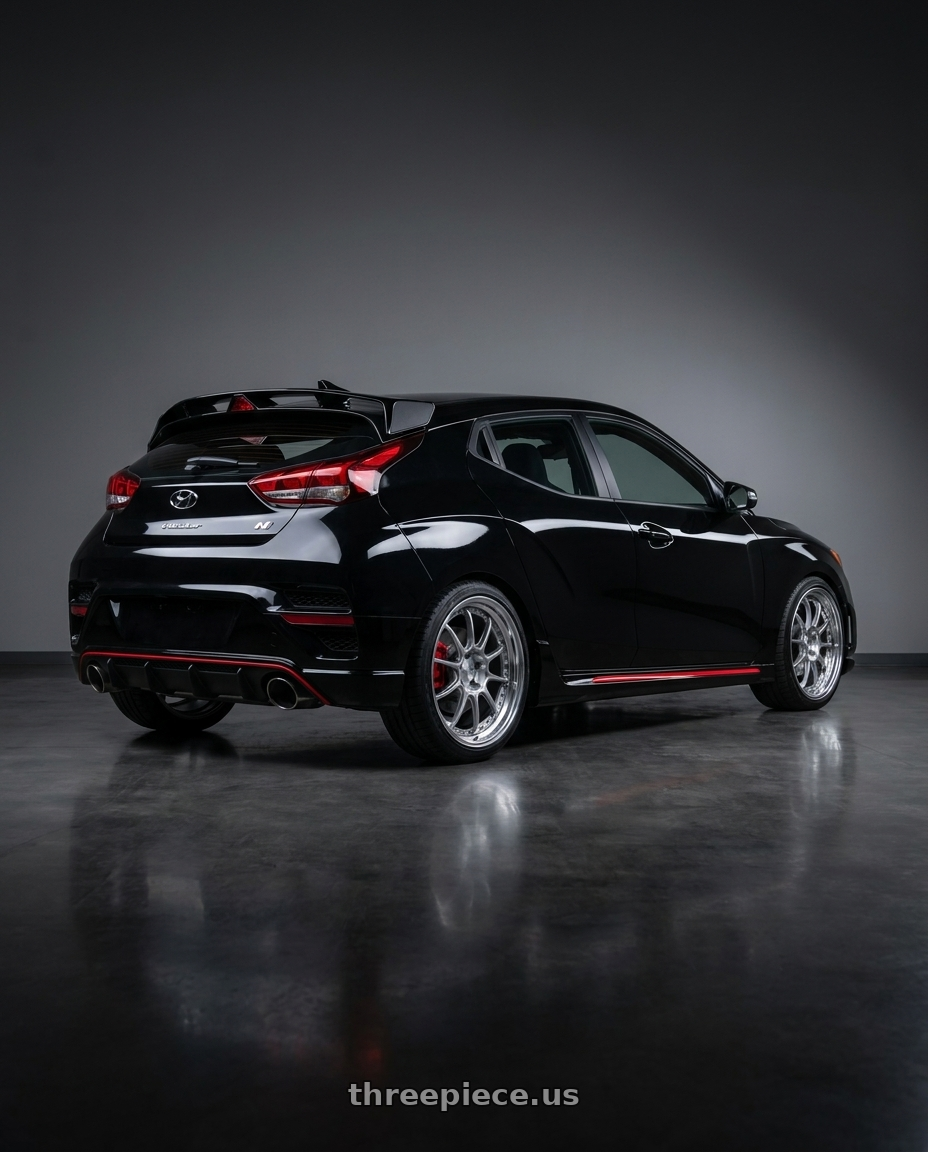 2022 Hyundai Veloster N with SSR Professor SP5 5X100 18X8.5+37 HP Disk High Bright Silver wheels rear three quarter view square tires