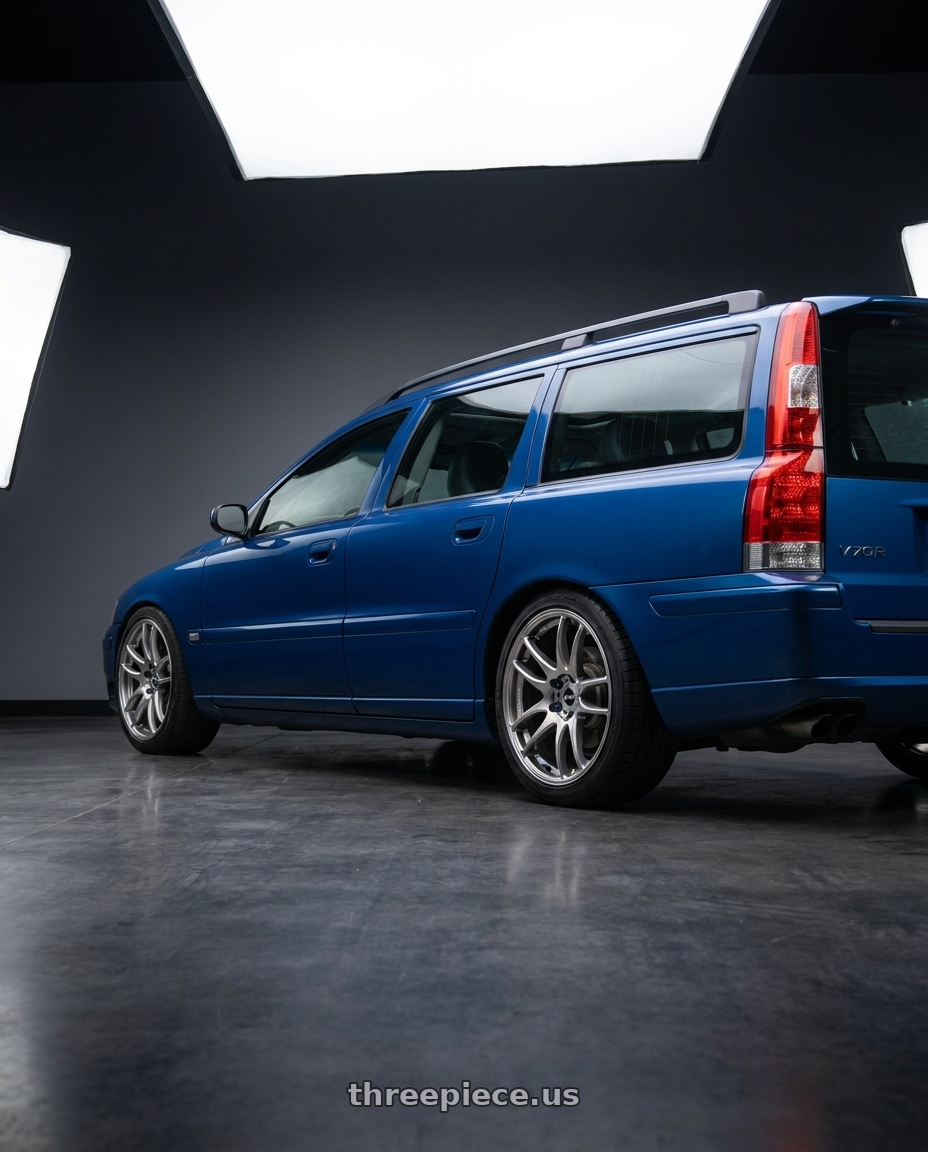 2006 Volvo V70R with Work Emotion Cr Kiwami 5x108 18x8.5 +38 Gt Silver wheels rear three quarter view square tires