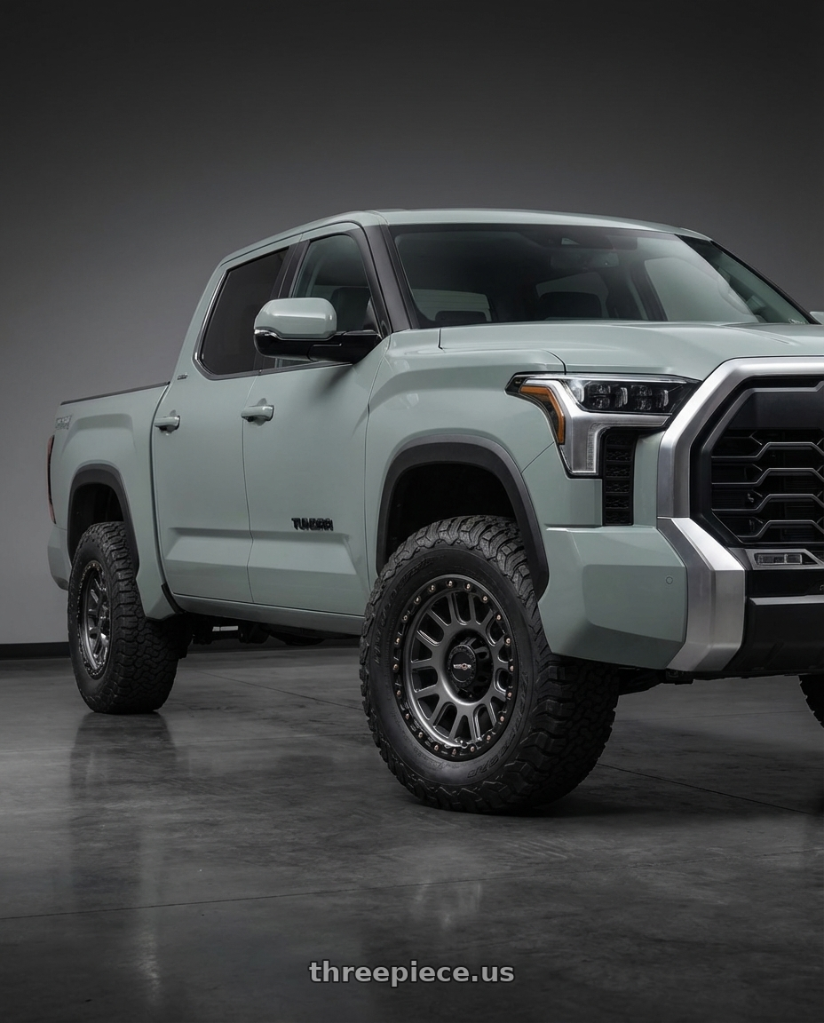 2024 Toyota Tundra with Vision Off-Road 111 Nemesis 6x139.7 20x9+0 Gunmetal wheels front three quarter view stock stance