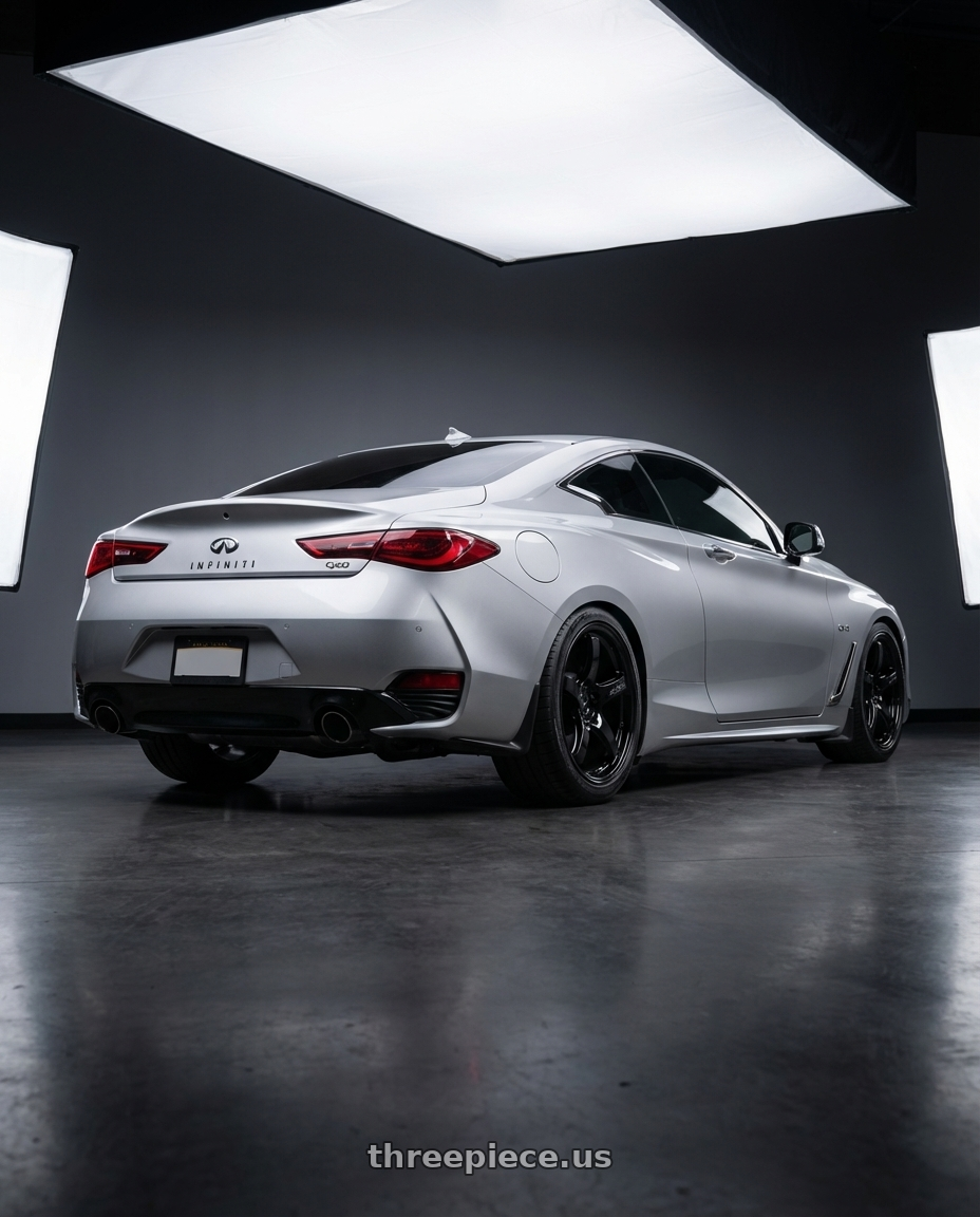 2020 Infiniti Q60 with Gram Lights 57CR 5x114.3 19x8.5+35 Glossy Black wheels rear three quarter view square tires