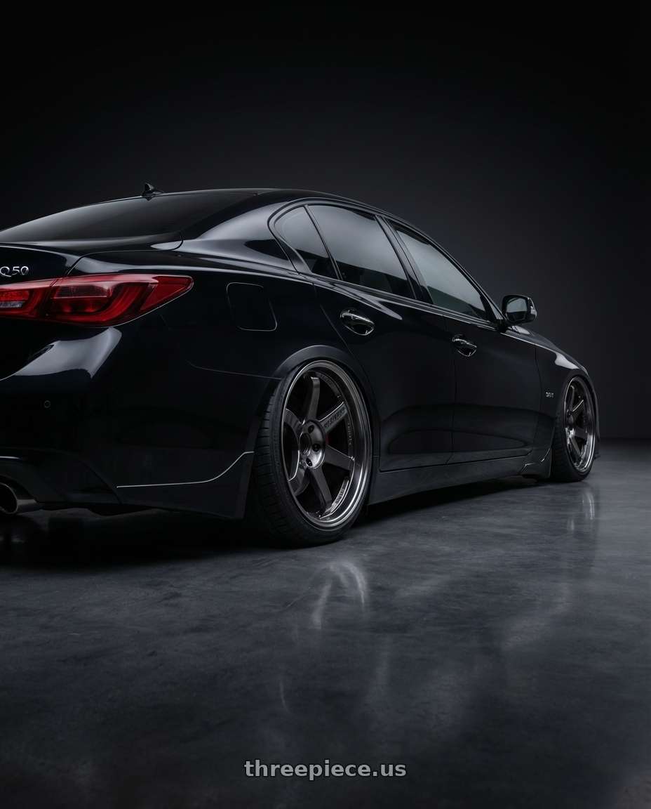 2019 infinit q50 with Volk Racing TE37SL 5x114.3 19x10.5+12 Pressed Double Black wheels rear three quarter view square tires