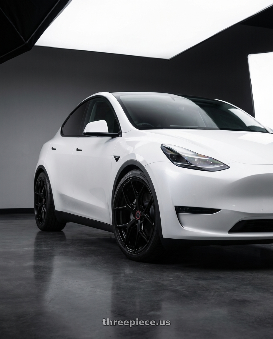 2024 Tesla Model Y with Vossen HF-5 20x9.5 / 5x114.3 / ET25 / Deep Face / 73.1 -GB - Gloss Black Wheel - HF5-0N07 wheels front three quarter view lowered stance