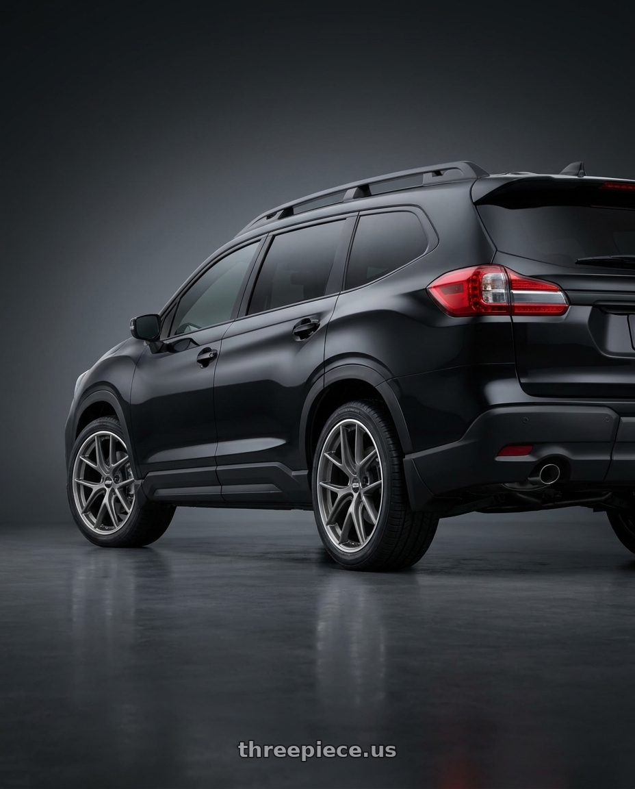 2025 Subaru Ascent Black with BBS CI-R 5x114.3 20x8.5 +40 Platinum Silver Polished Rim Protector wheels rear three quarter view square tires
