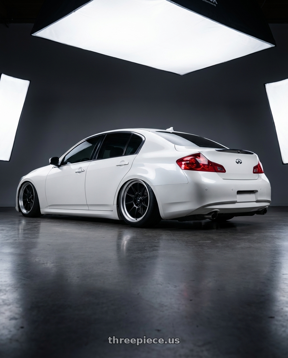 2012 Infiniti G37 with Konig Countergram 5x114.3 19x9.5+25 Matte Black / Matte Machined Lip wheels rear three quarter view slight stretch tires