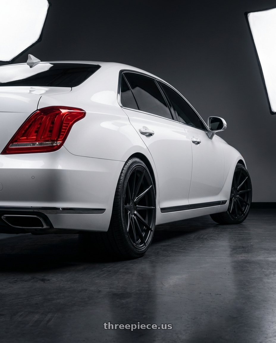 2018 genesis g90 ultimate with Rohana RFX1 5x114.3 20x8.5+40 Matte Black wheels rear three quarter view square tires