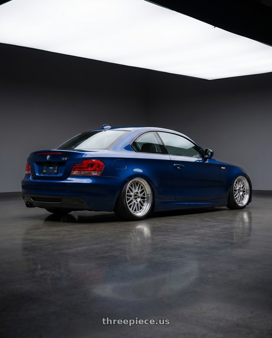 2011 E82 135i with BBS LM 5x114.3 18x8.0+40 Diamond Silver wheels rear three quarter view slight stretch tires