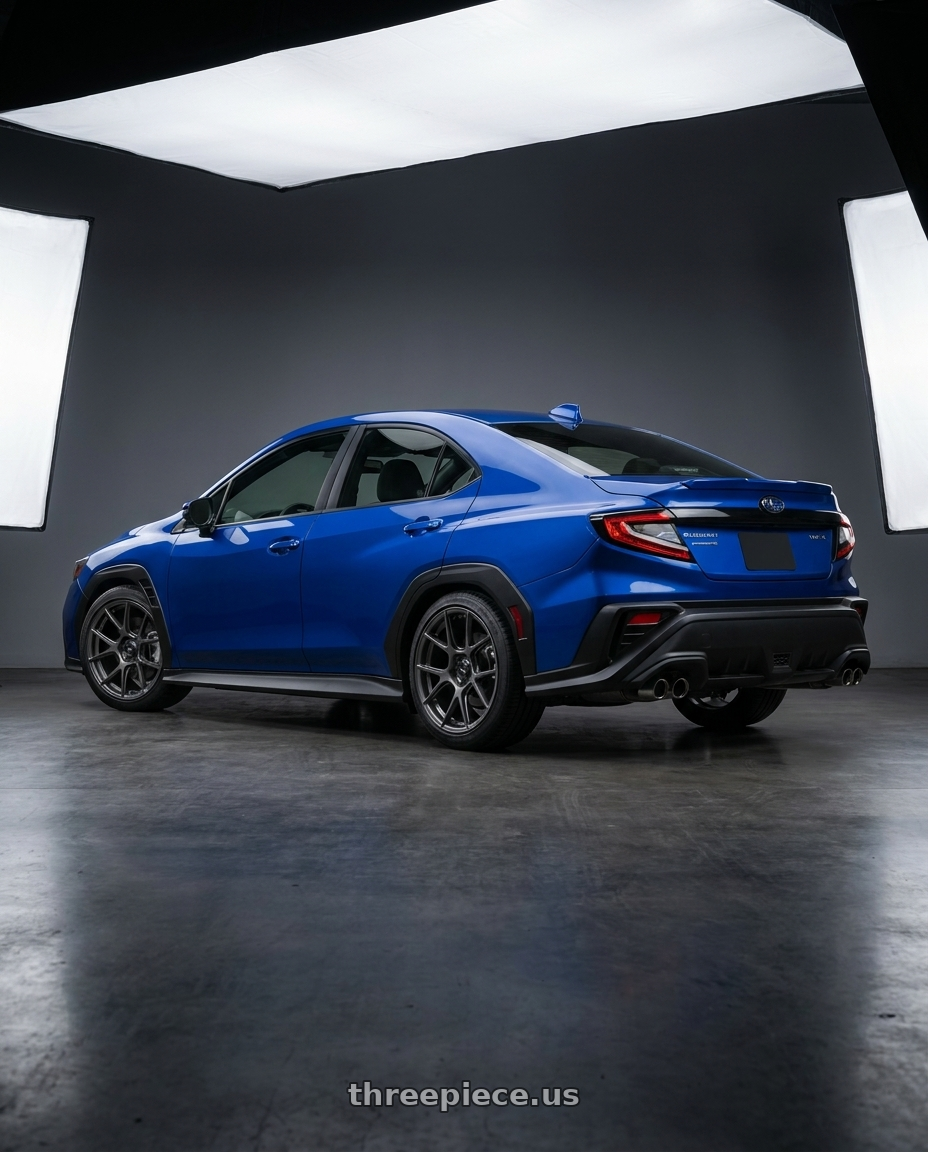 2024 Subaru WRX with Konig Ampliform 5x114.3 18x10+20 Dark Metallic Graphite wheels rear three quarter view square tires