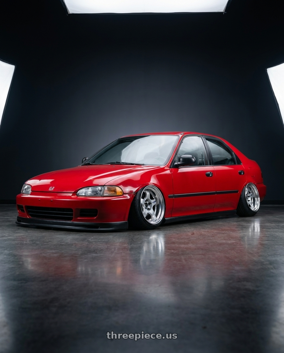 1993 Honda civic with Work Meister S1 2P 4x100 15x9+0 R Disk Silver wheels rear three quarter view extreme stretch tires