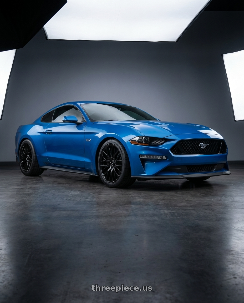 2022 Ford Mustang GT with Avant Garde Wheels M520R 5X114.3 19x8.5 +35 Gloss Black wheels front three quarter view lowered stance