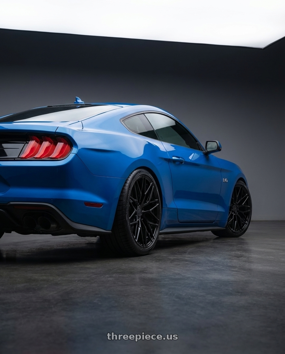 2022 Ford Mustang GT with Avant Garde Wheels M520R 5X114.3 19x8.5 +35 Gloss Black wheels rear three quarter view square tires