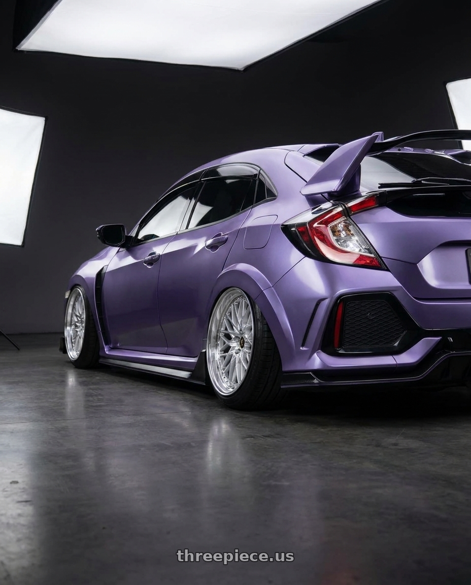 2019 Honda Civic Type R with Work Vs-Xv 5x120 18x9.5+40 O Disk Silky Rich Silver wheels rear three quarter view slight stretch tires