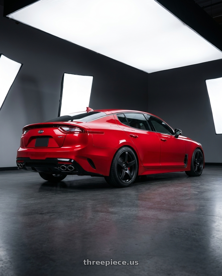 2022 Kia Stinger GT with Ssr Gtv01 5x114.3 19x8.5+38  FLAT BLACK wheels rear three quarter view square tires